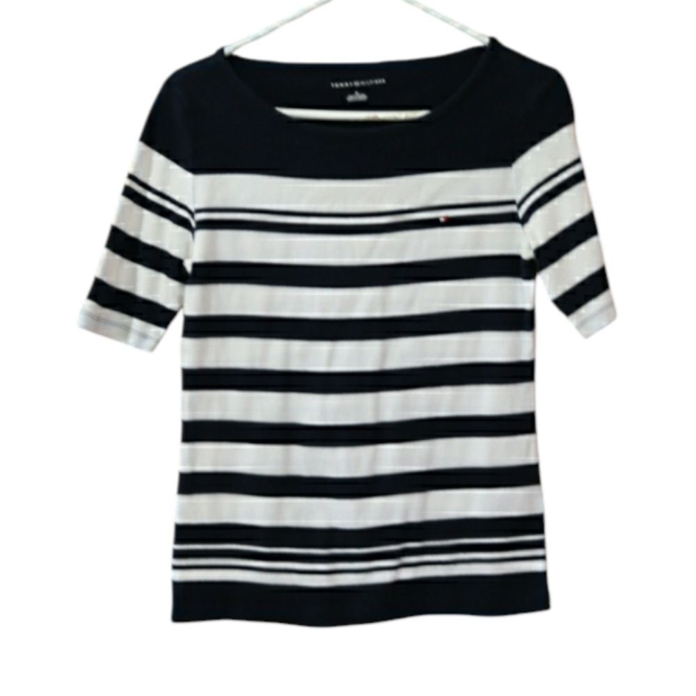 Tommy Hilfiger Striped Boat Neck Blouse Medium - Navy White Short Sleeve Top